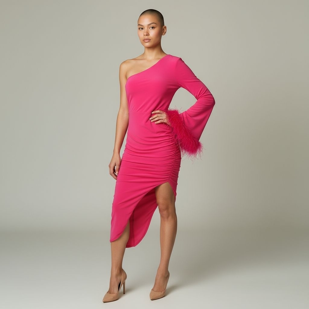 Club L London Pink Asymmetric Dress Sz 10 Stretch Ruched Feathers Holiday Party